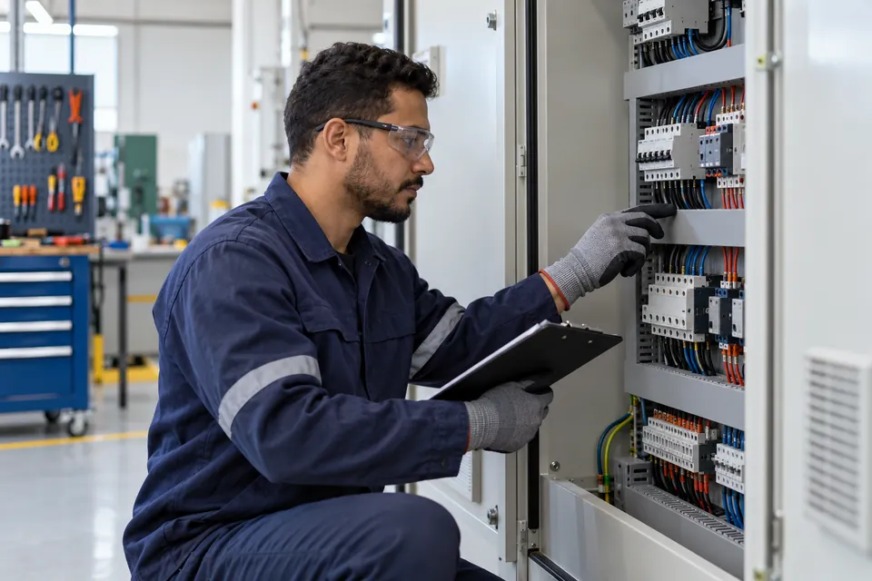 Eletricista verificando painel em instalação industrial — imagem ilustrativa